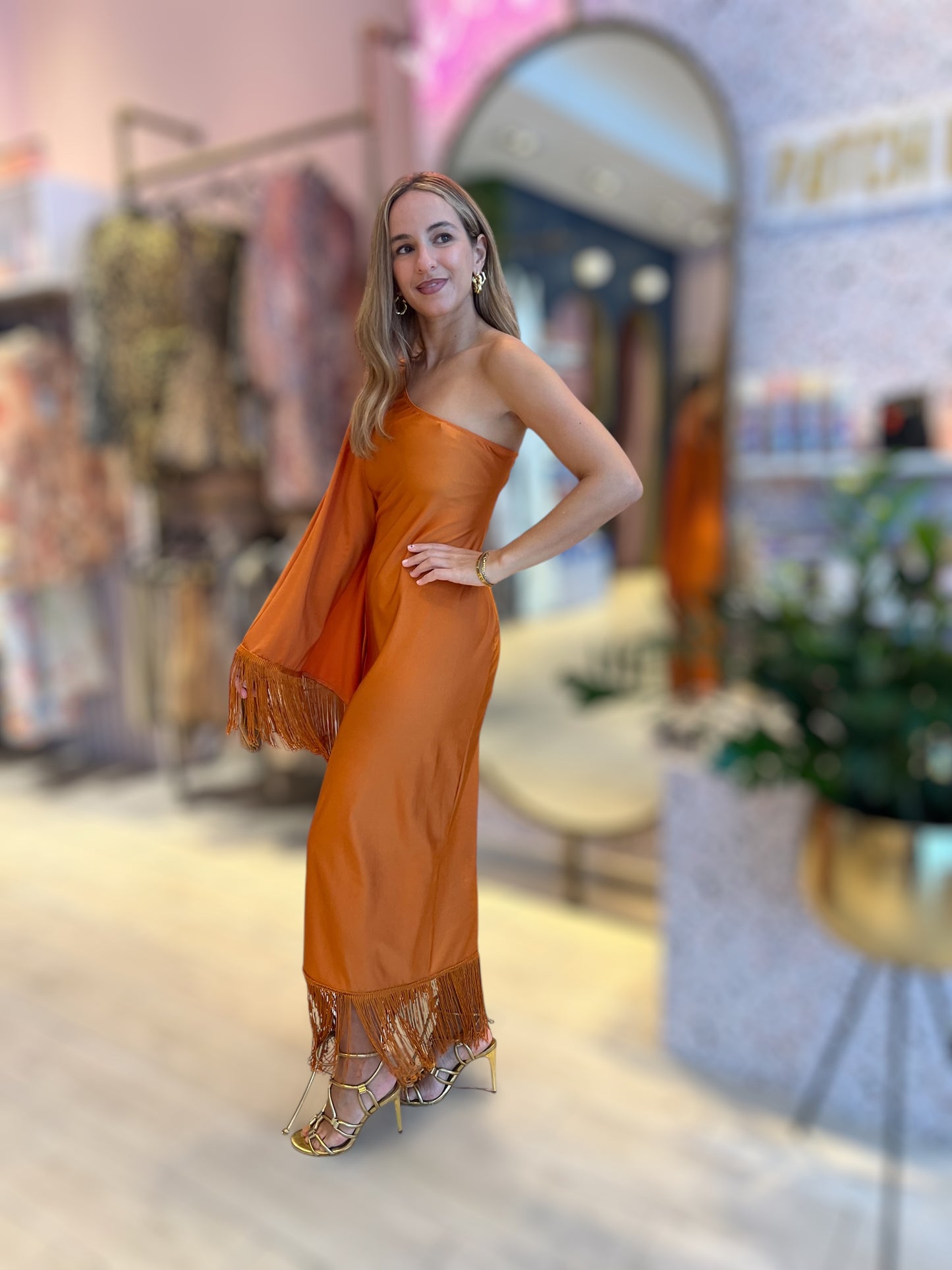 Orange Fringed One shoulder dress 25 abril