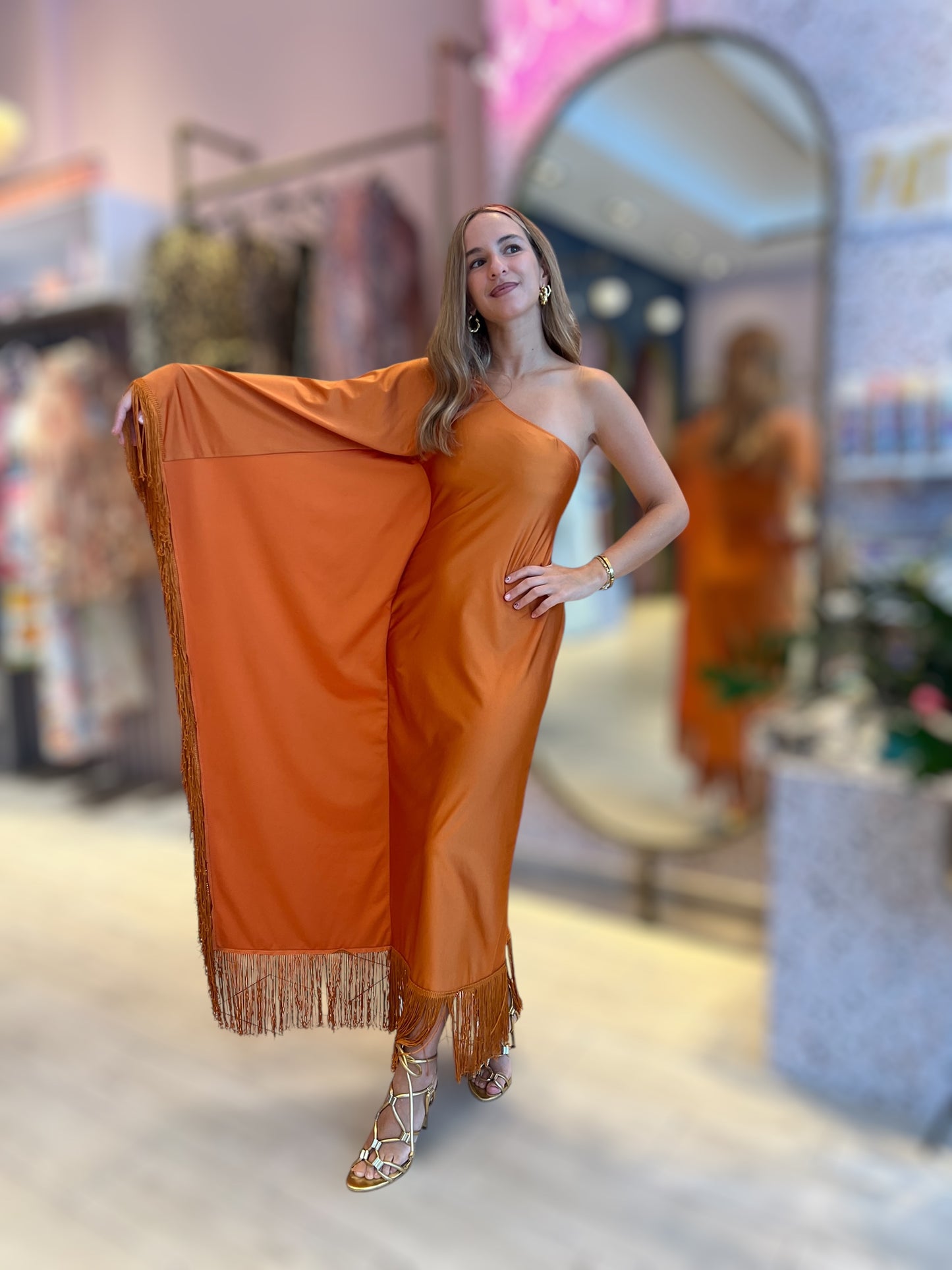 Orange Fringed One shoulder dress 25 abril