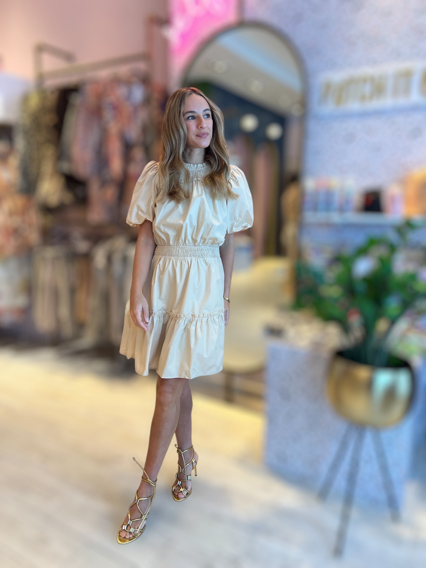 Cream smocked ruffled dress