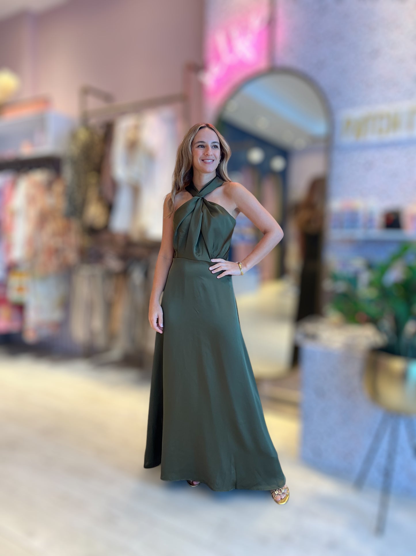 Olive Silky halter dress