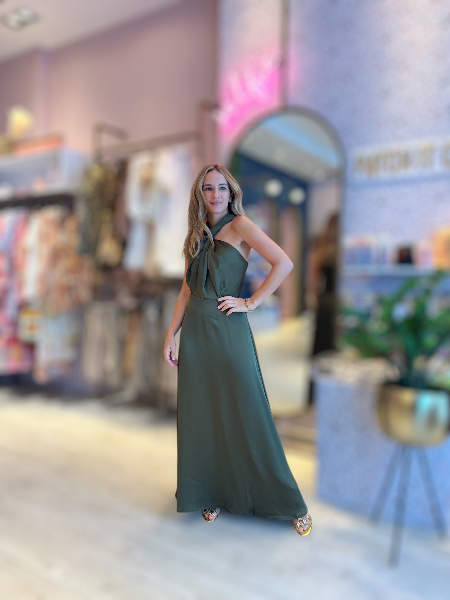 Olive Silky halter dress