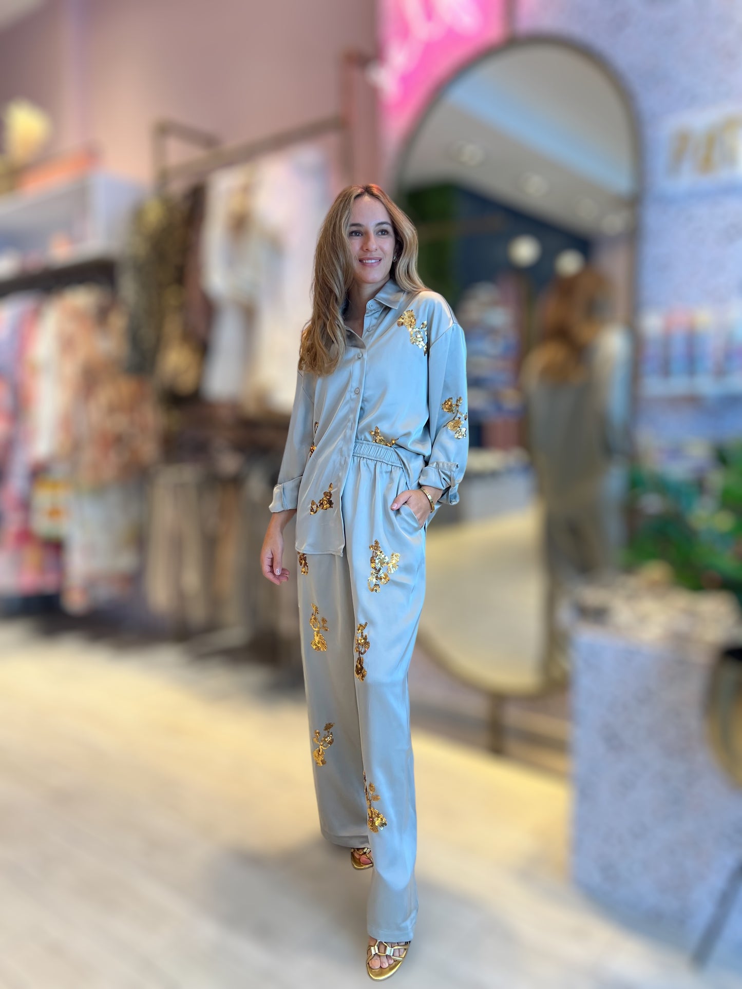 Green Silky pants set