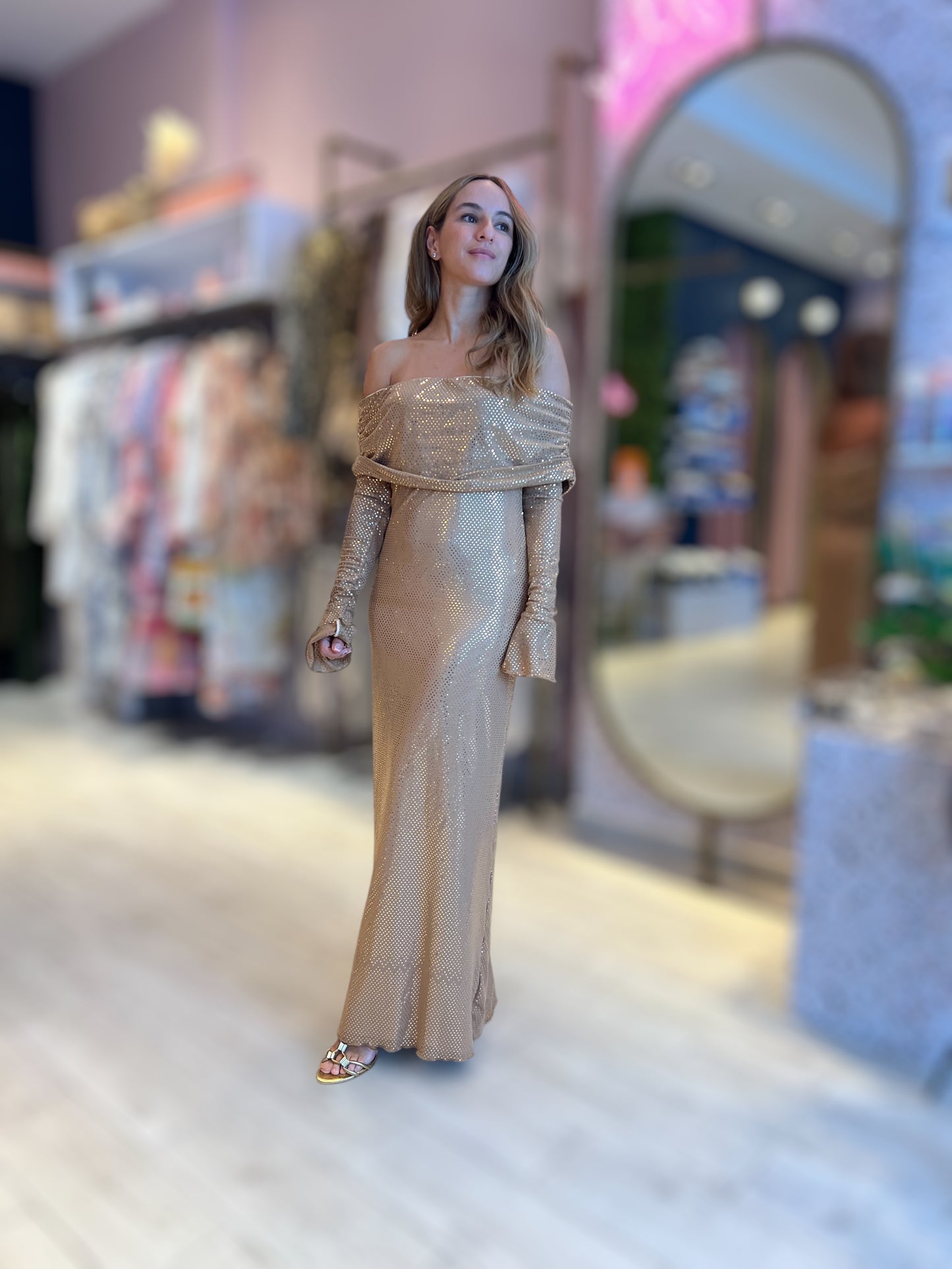 Off shoulder Nude sparkling dress