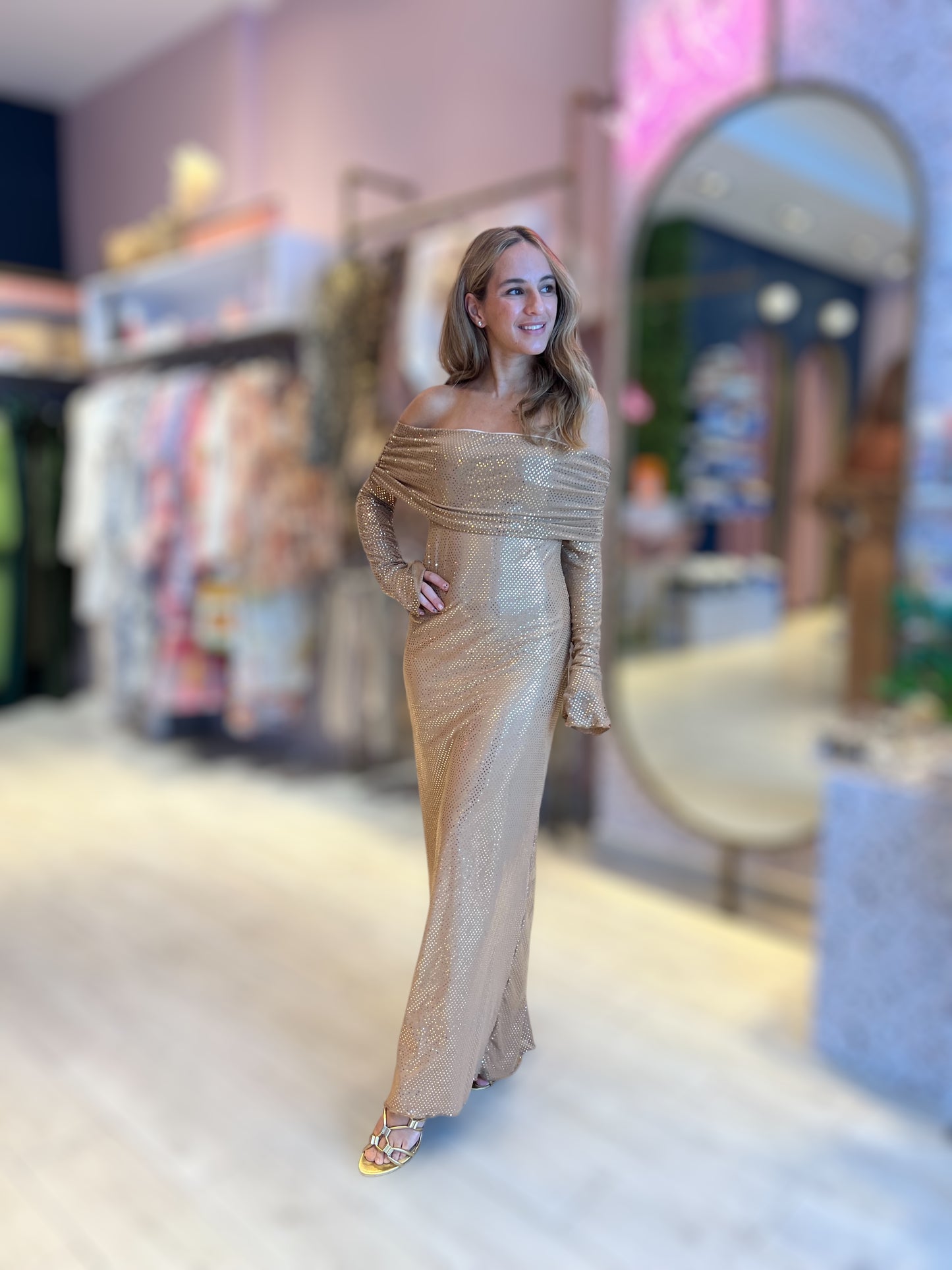 Off shoulder Nude sparkling dress