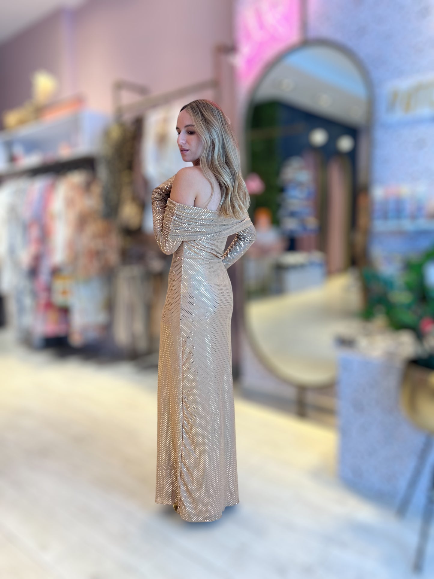 Off shoulder Nude sparkling dress