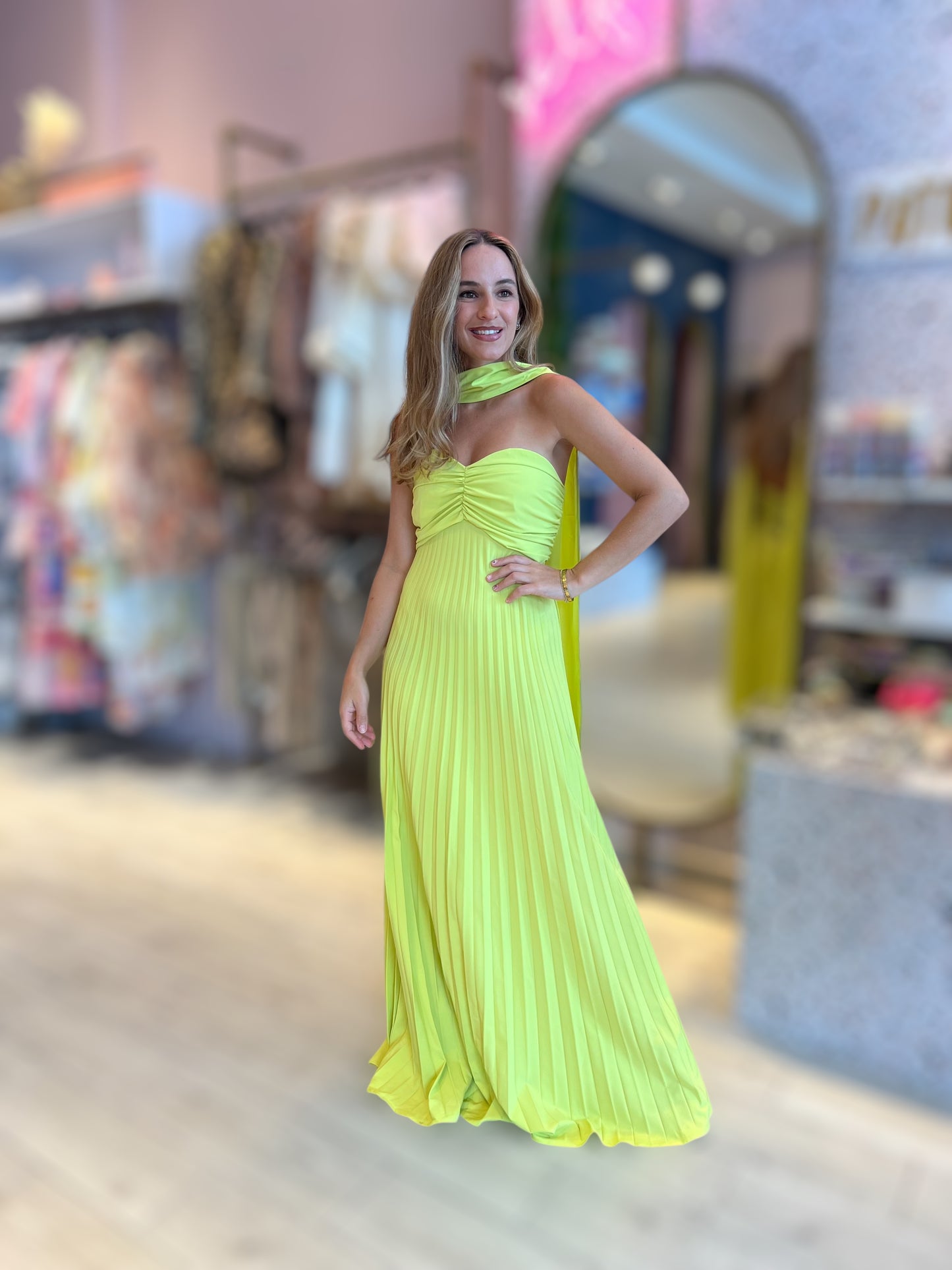 Lime chocker pleated dress