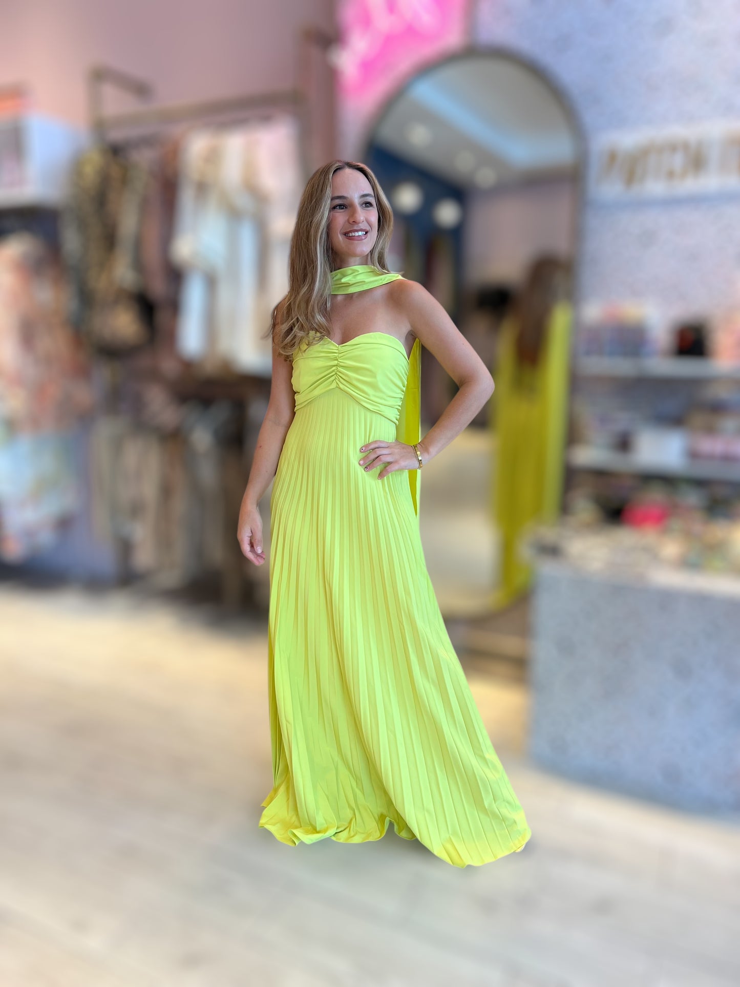 Lime chocker pleated dress