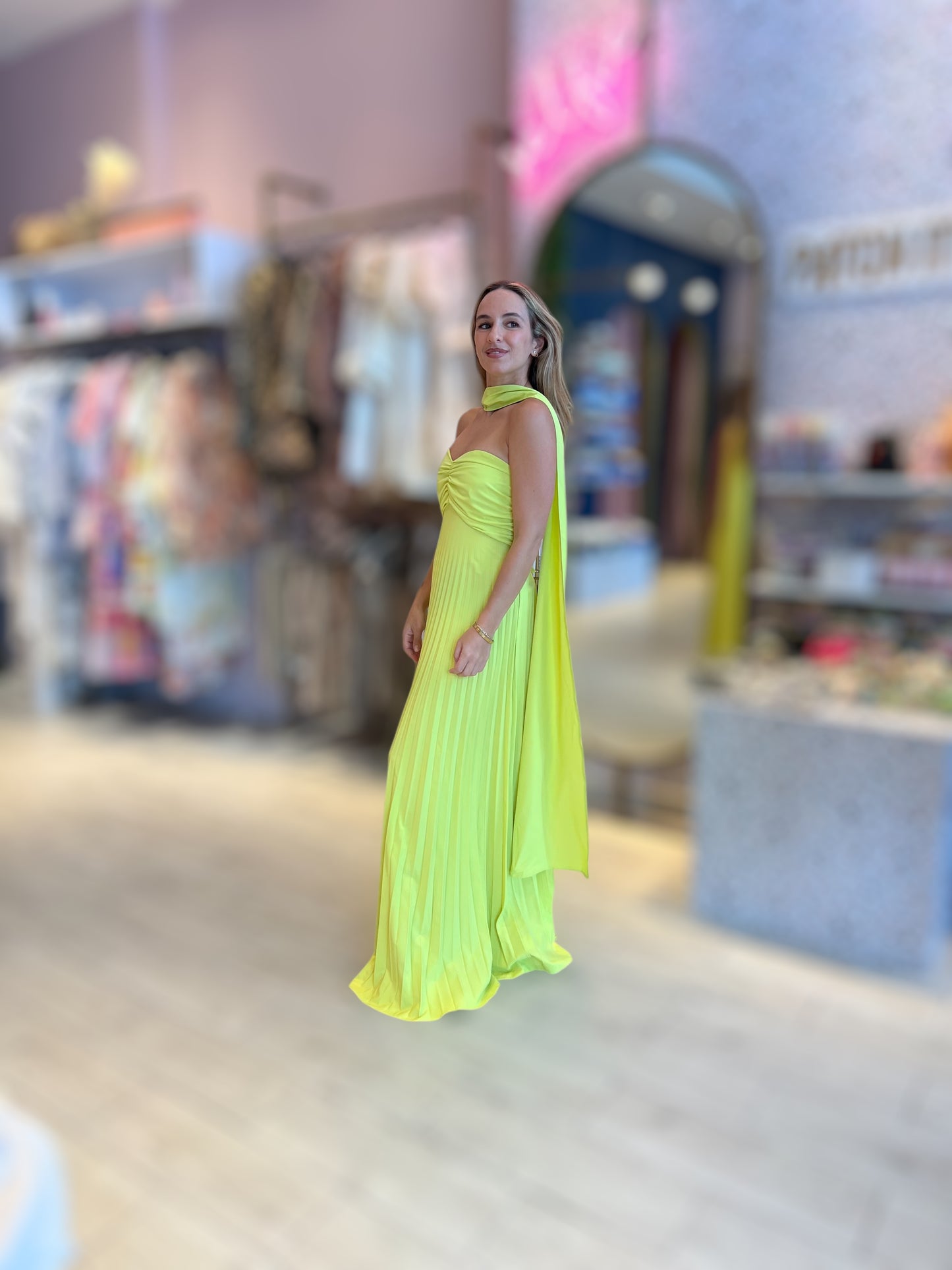 Lime chocker pleated dress