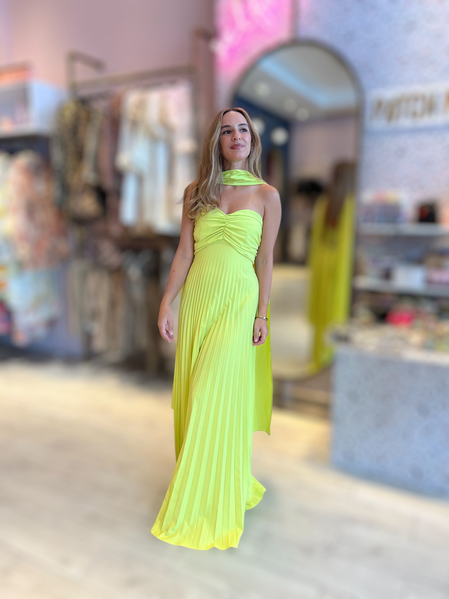 Lime chocker pleated dress