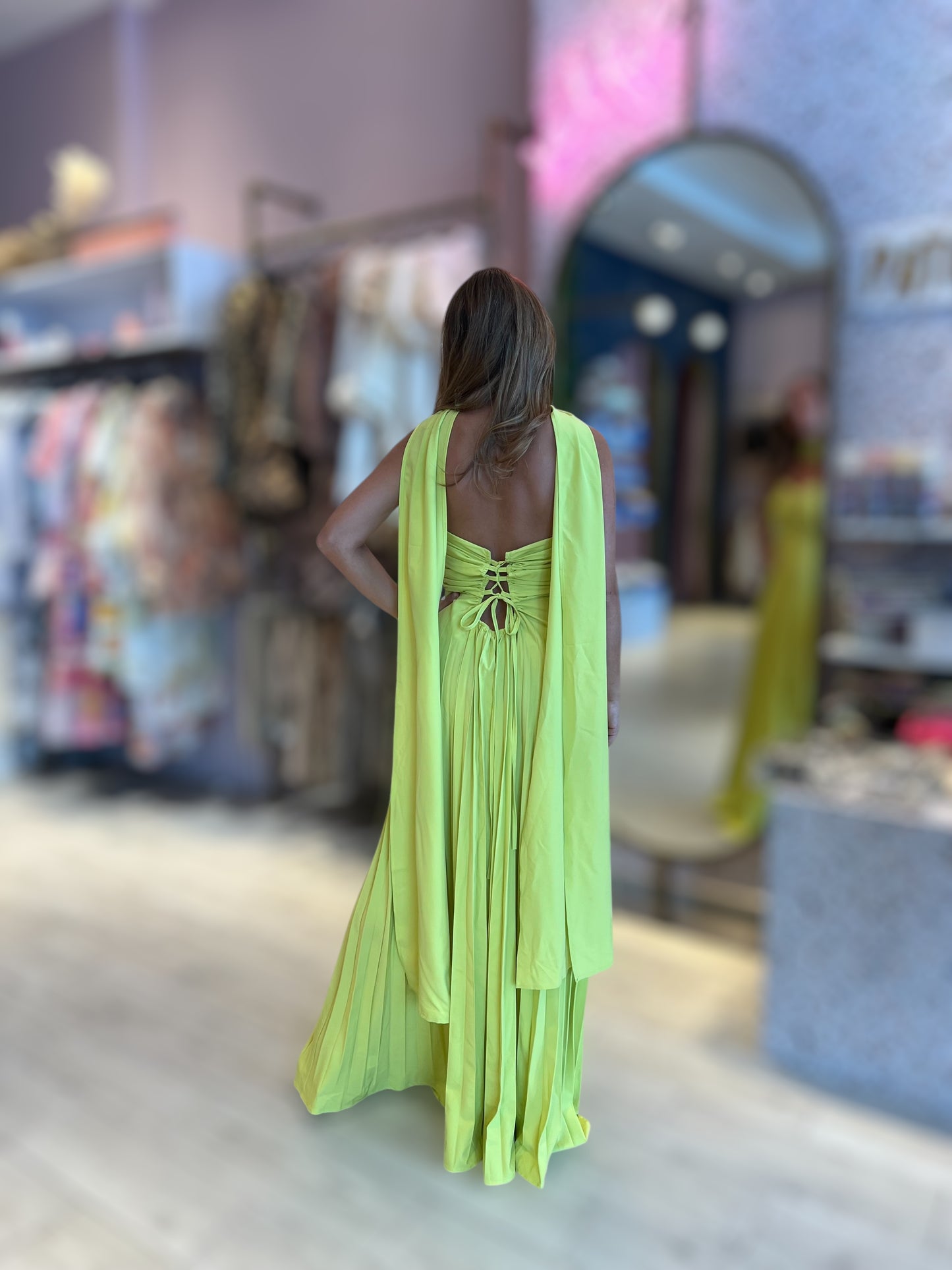 Lime chocker pleated dress
