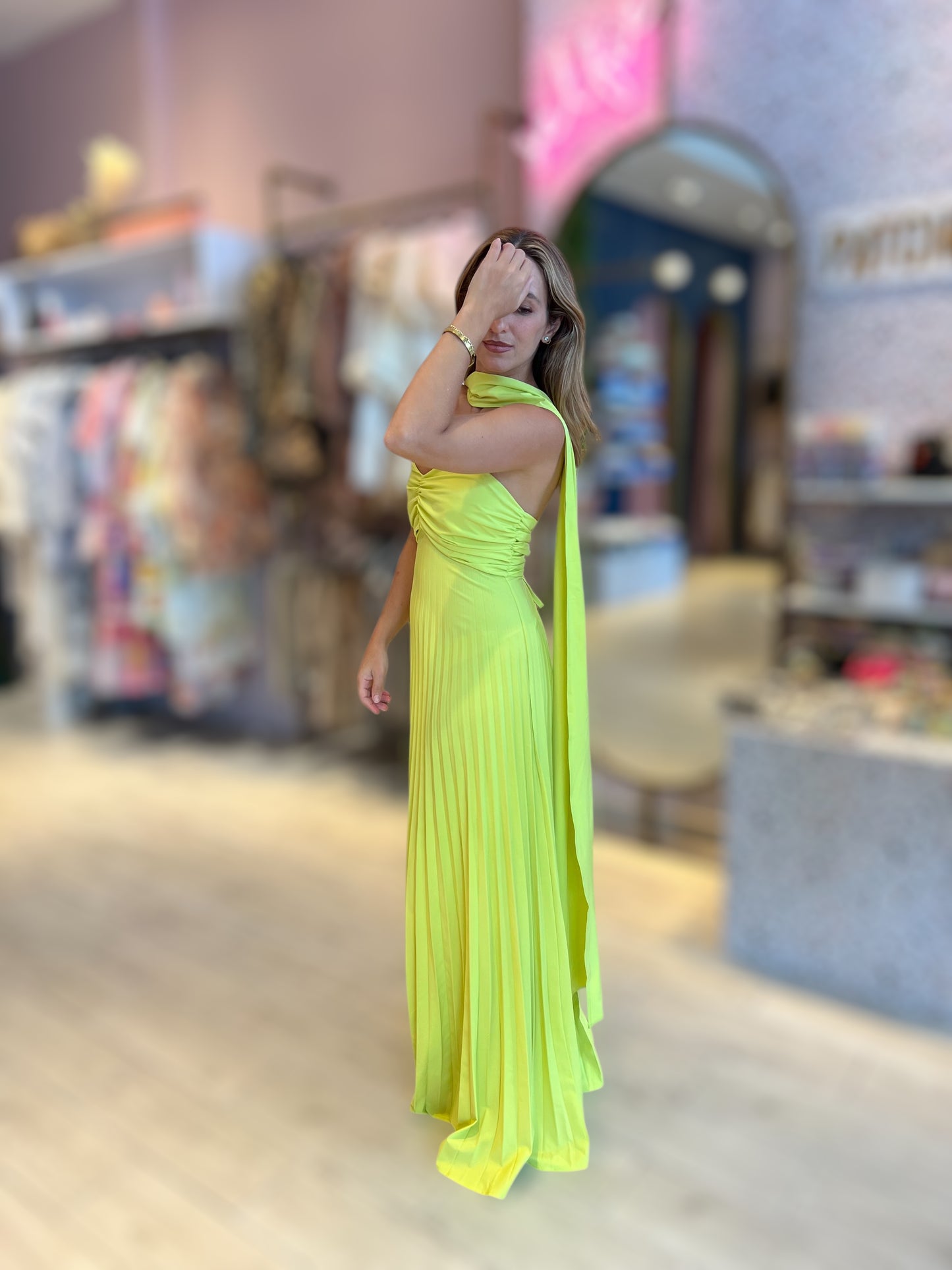 Lime chocker pleated dress