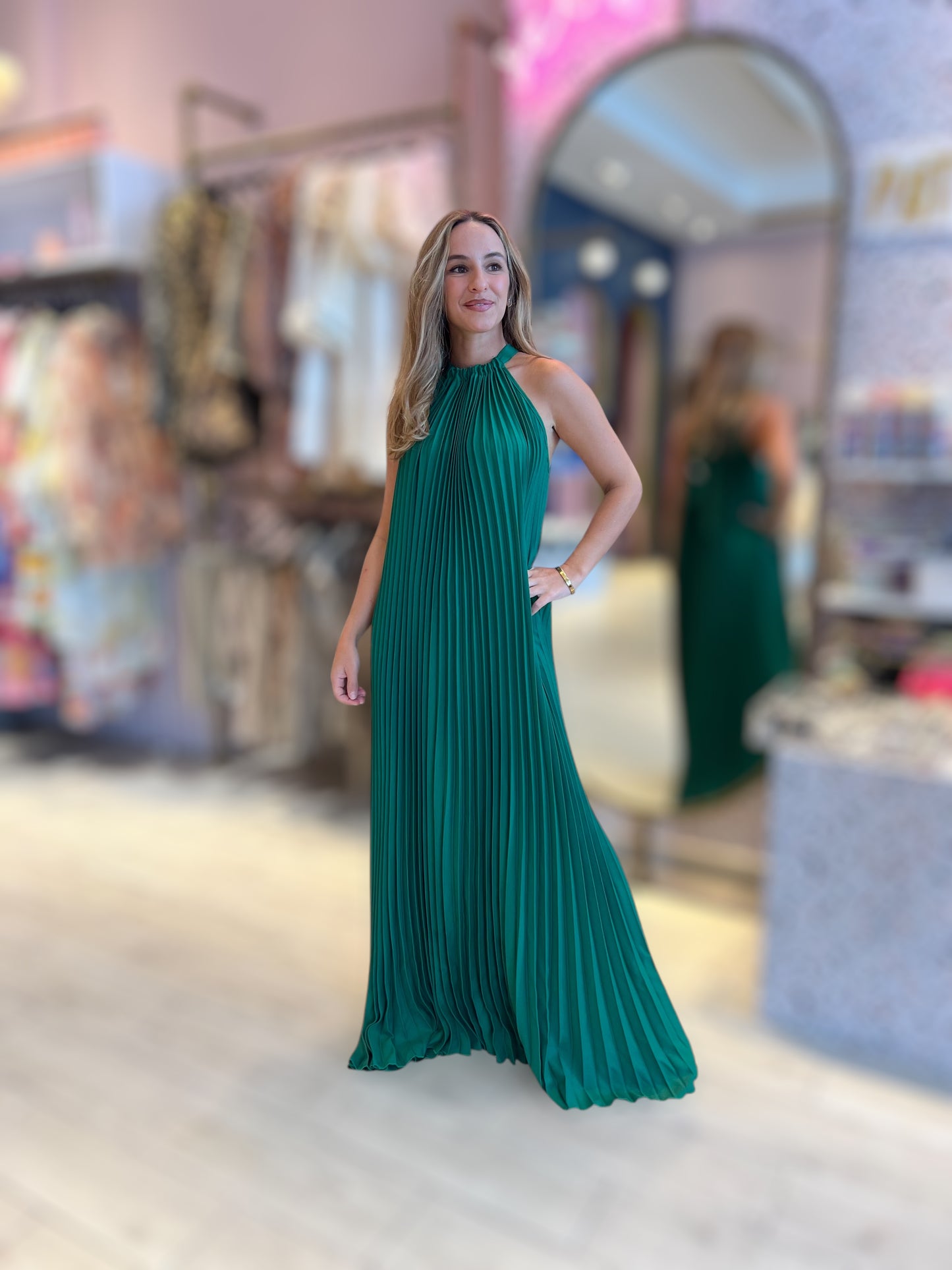 Green pleated halter dress