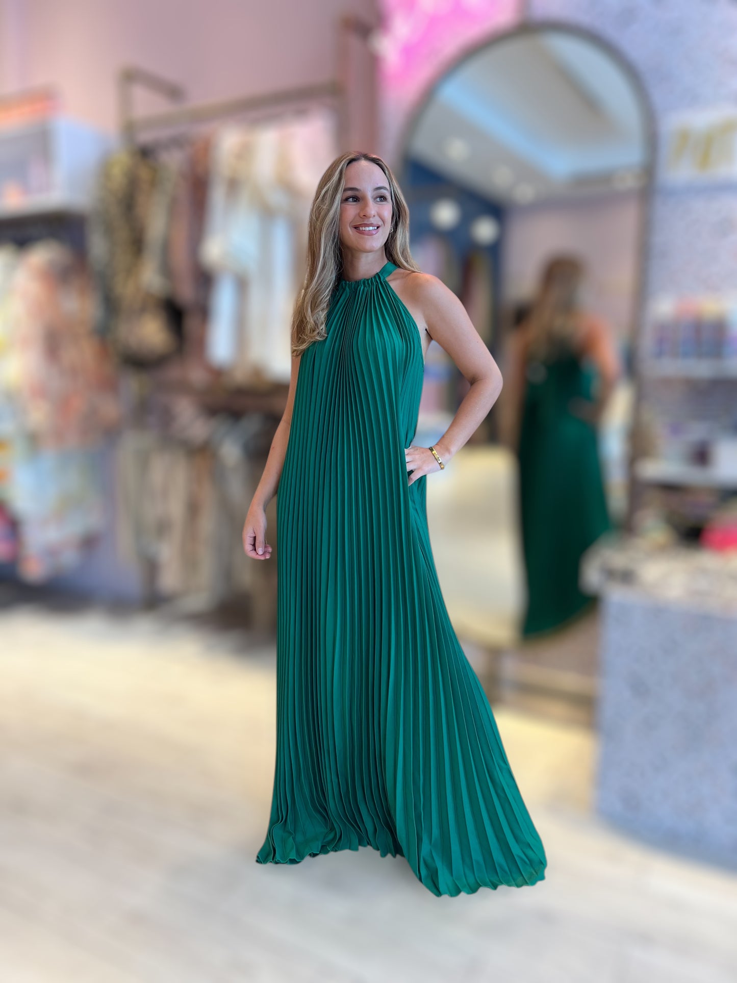 Green pleated halter dress
