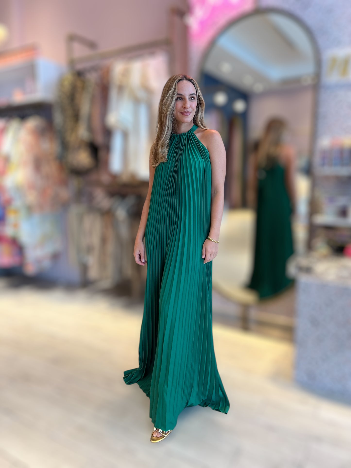 Green pleated halter dress