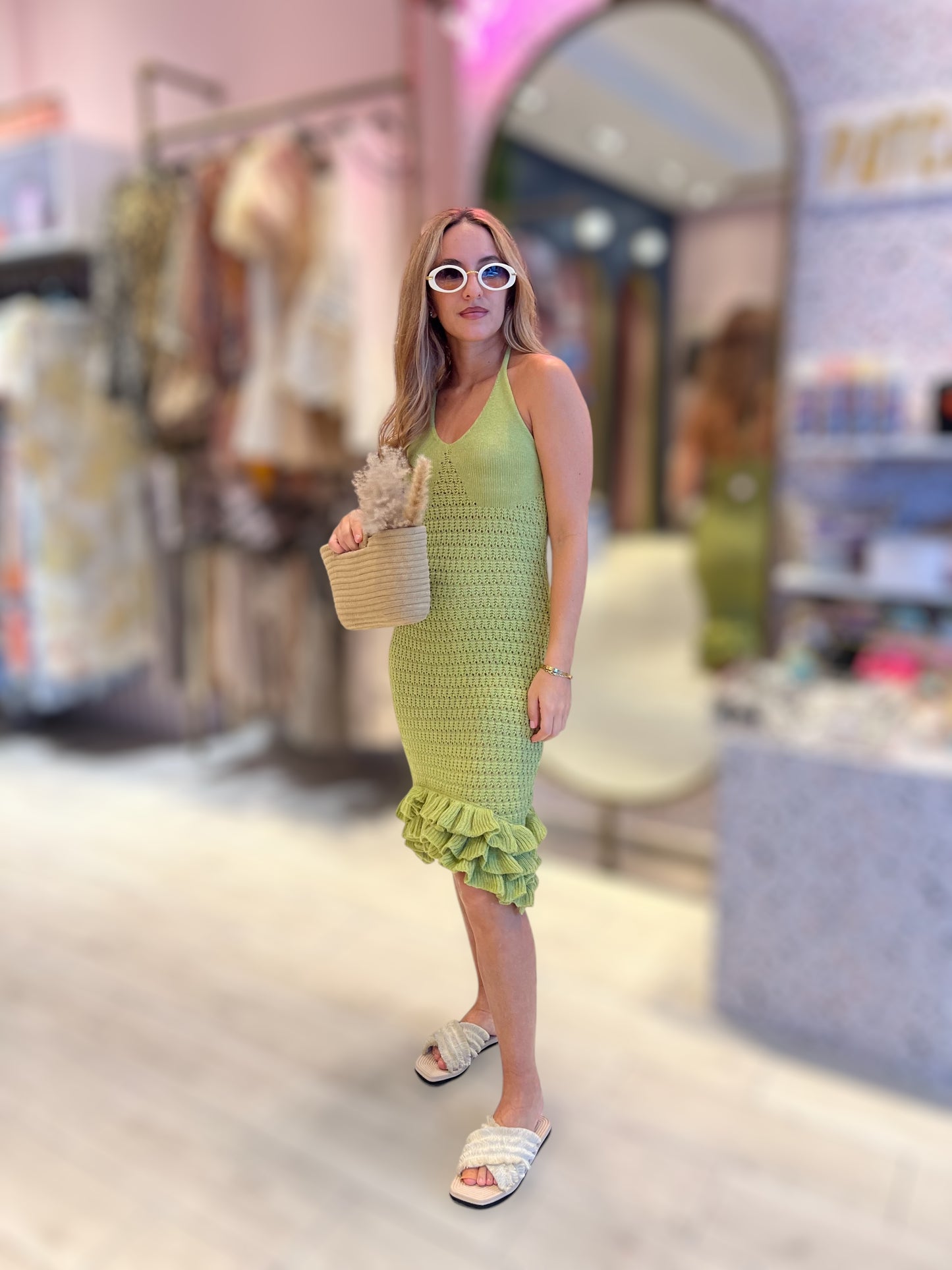 Green mini ruffled dress