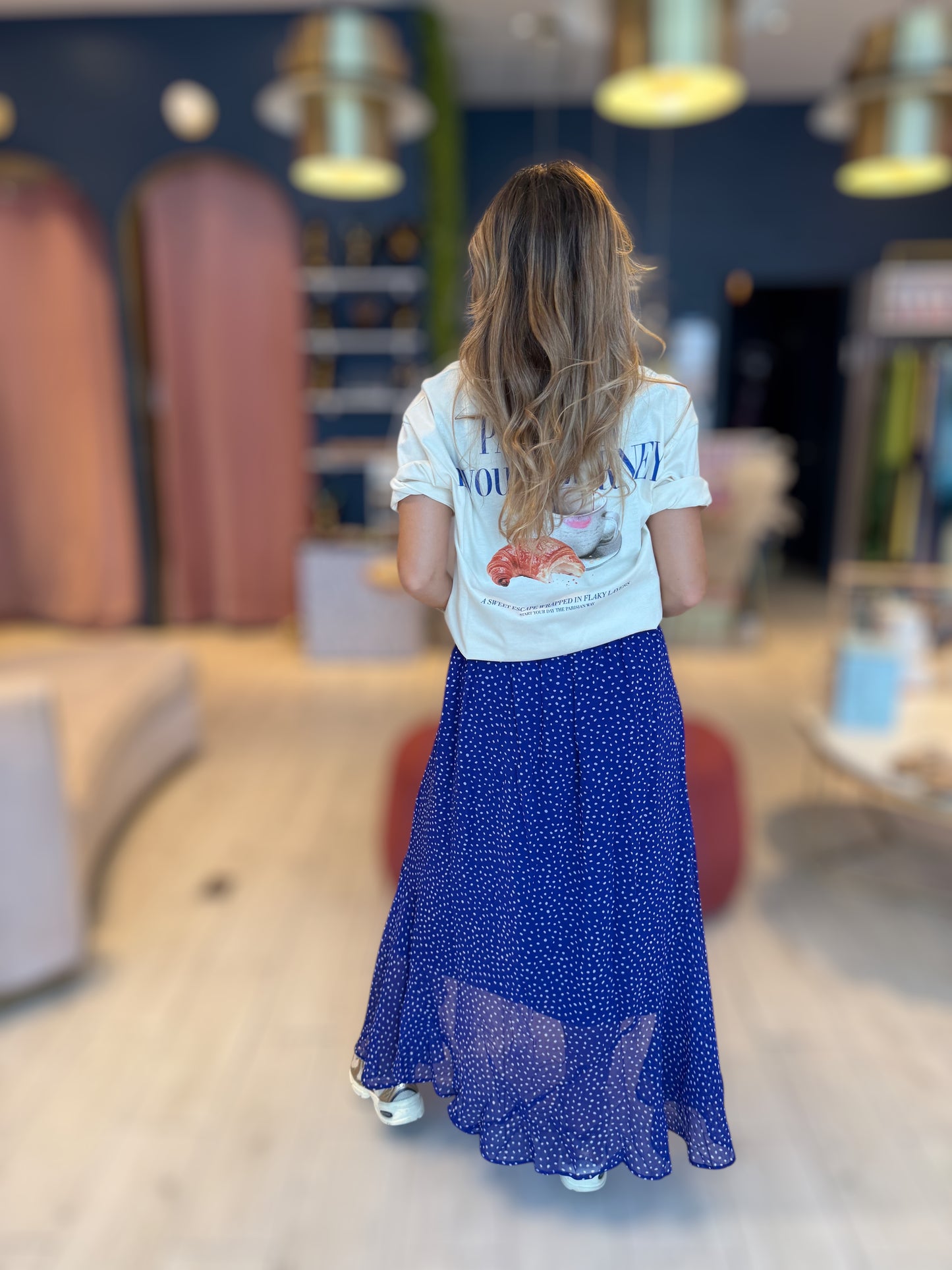 Blue mini polka dots midi skirt