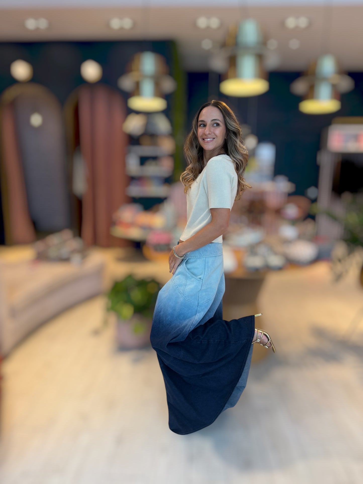 Tie dye denim maxi skirt