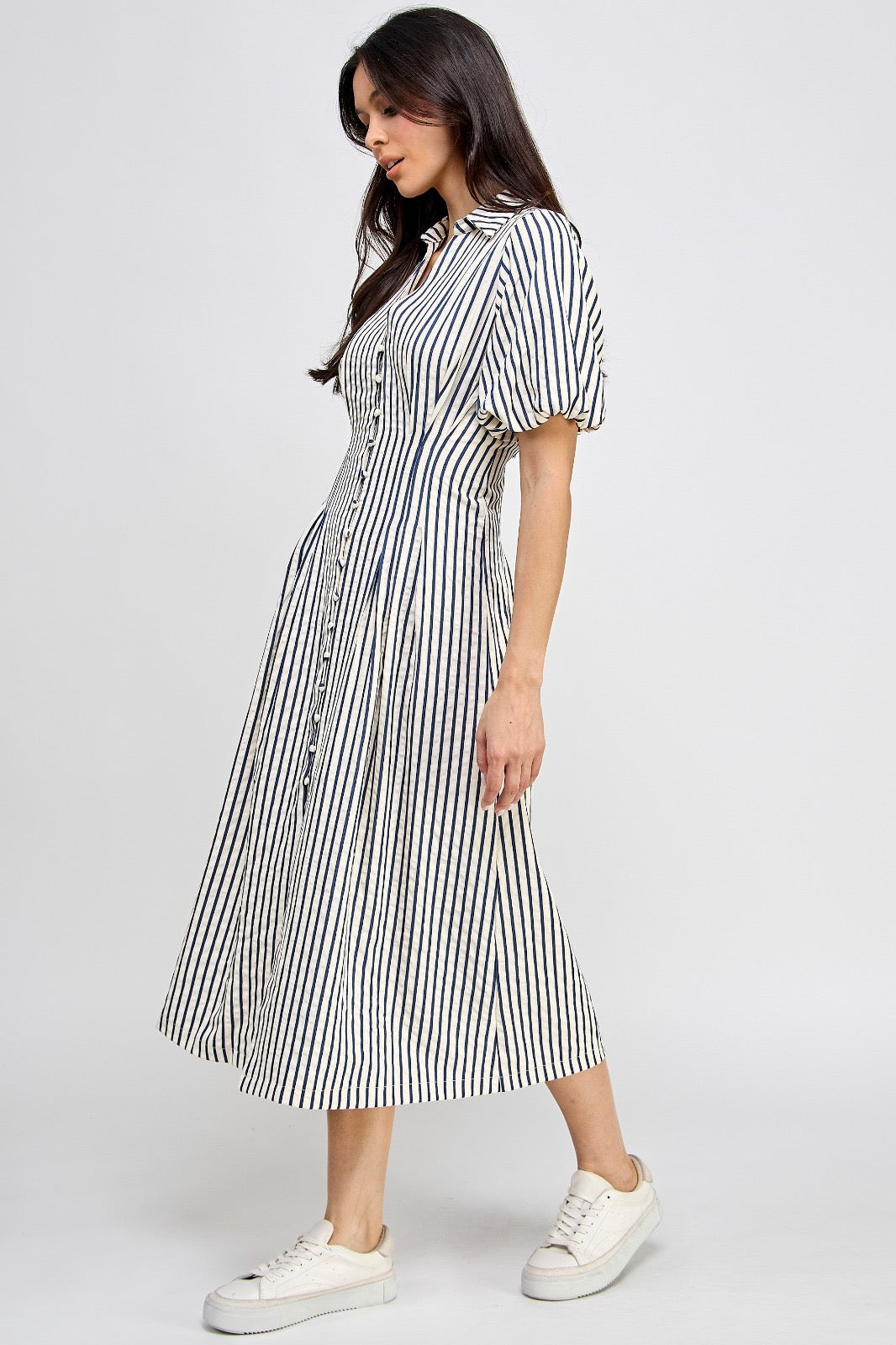 Puffy striped black midi Dress