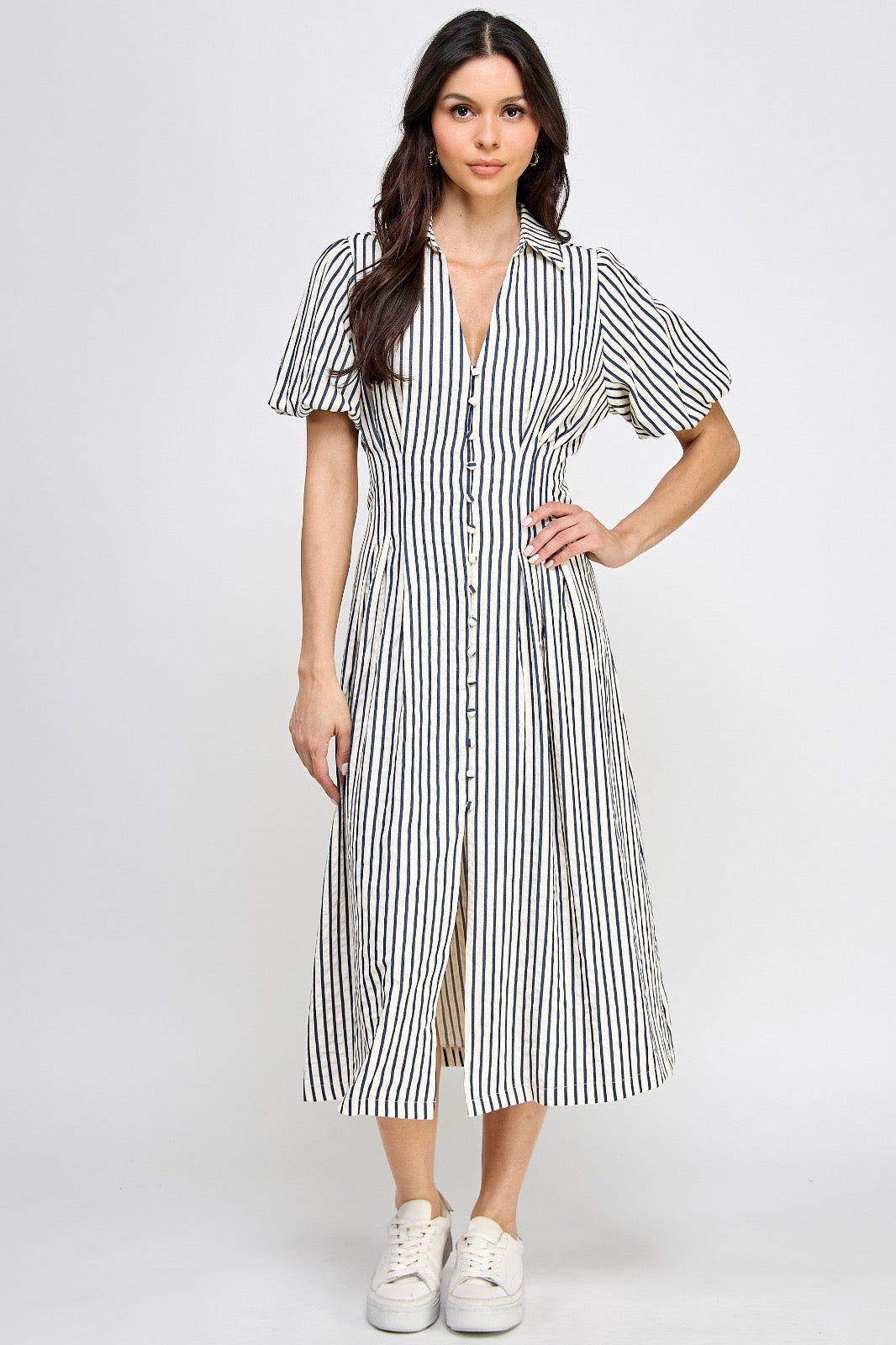 Puffy striped black midi Dress