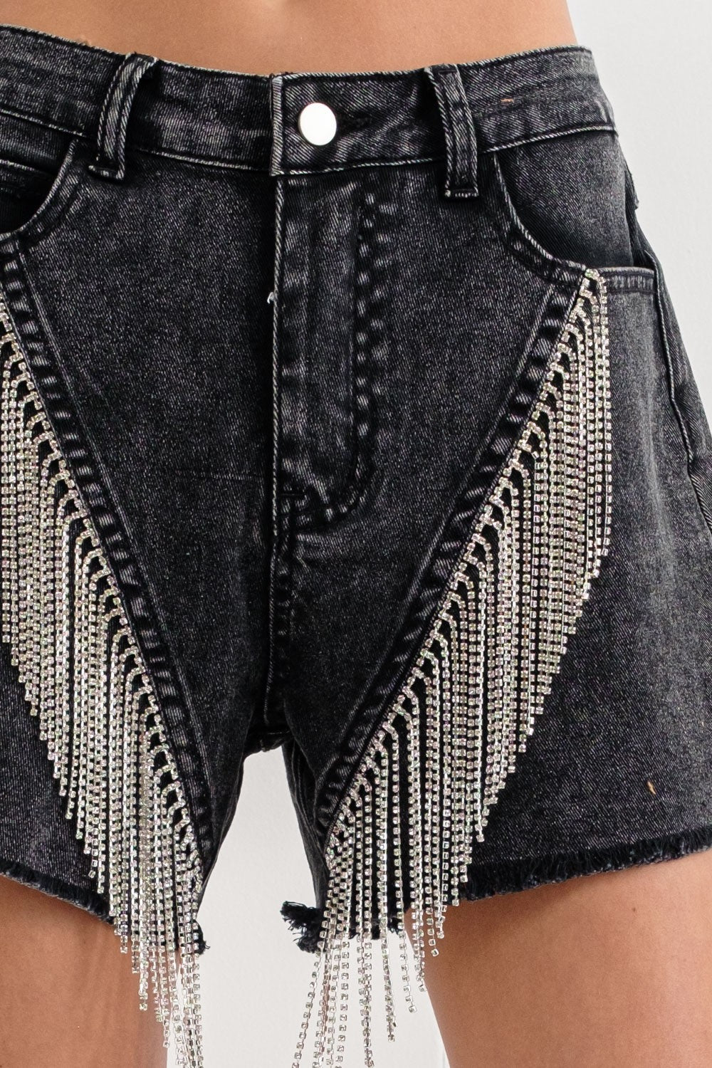 Denim fringed rhinetones shorts