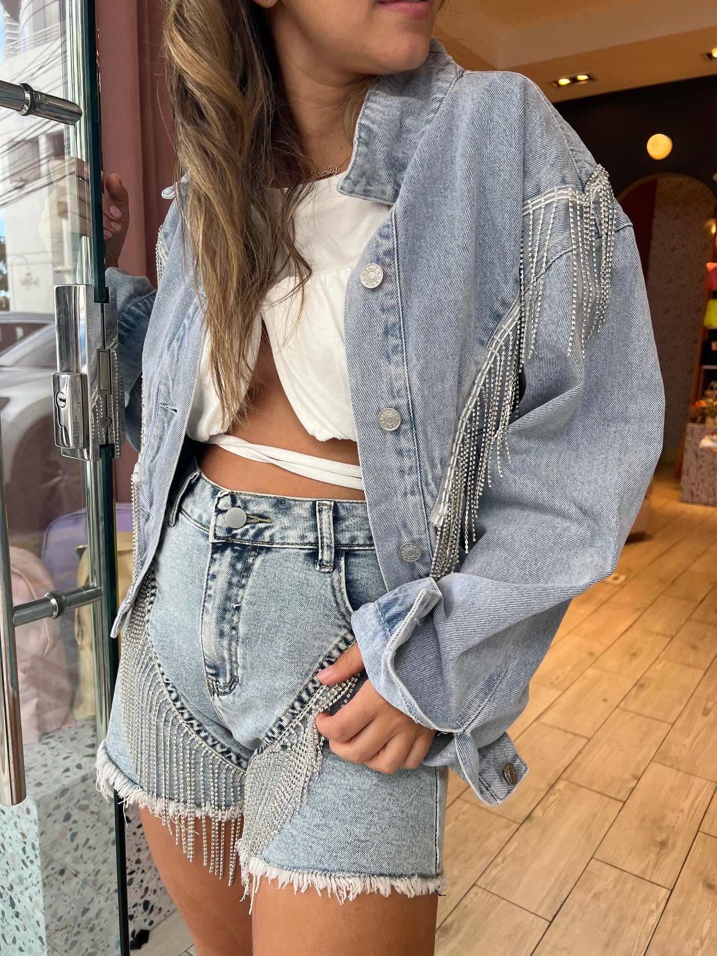 Denim fringed rhinetones shorts