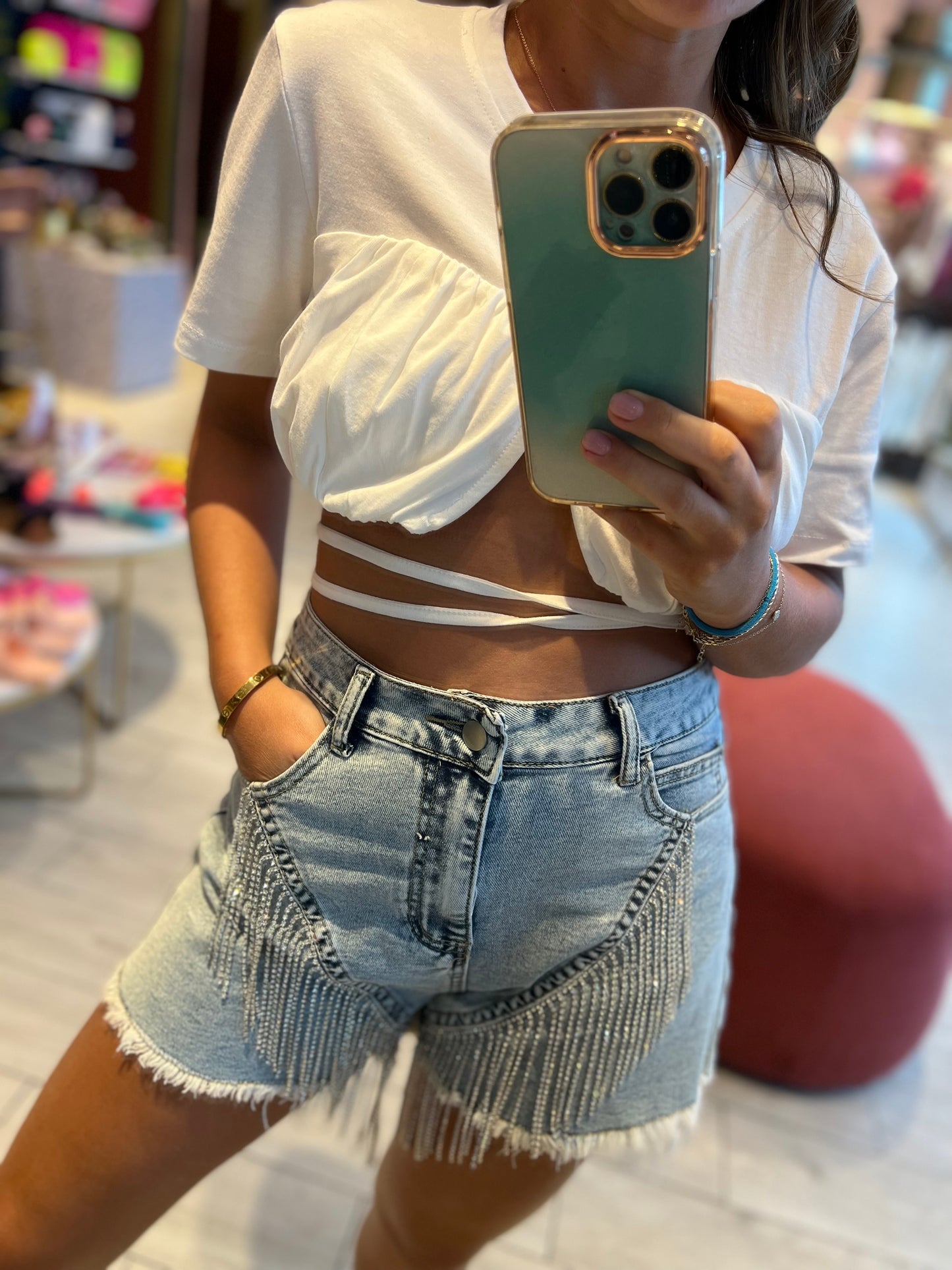 Denim fringed rhinetones shorts