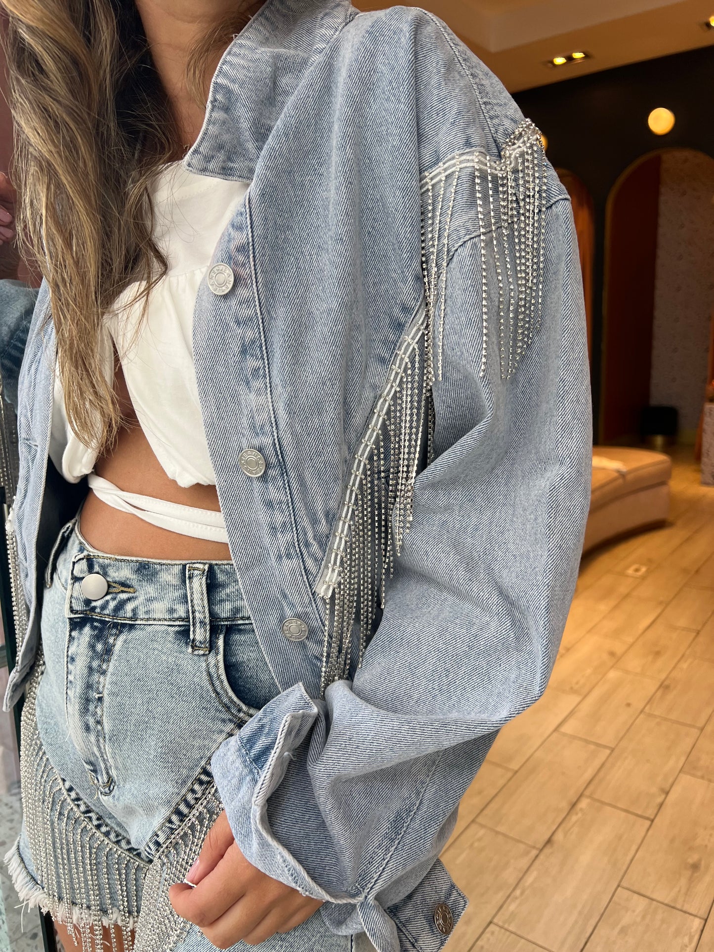 Denim fringed rhinetones shorts