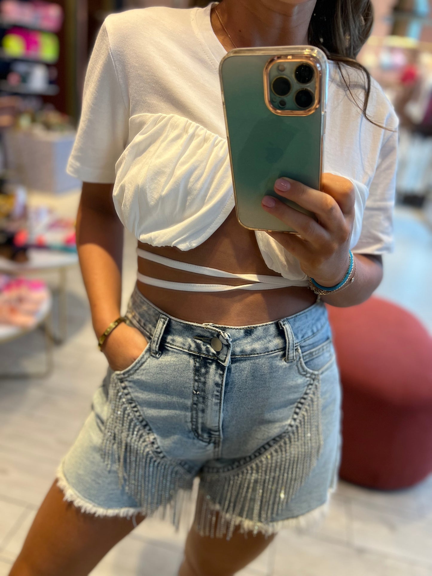 Denim fringed rhinetones shorts
