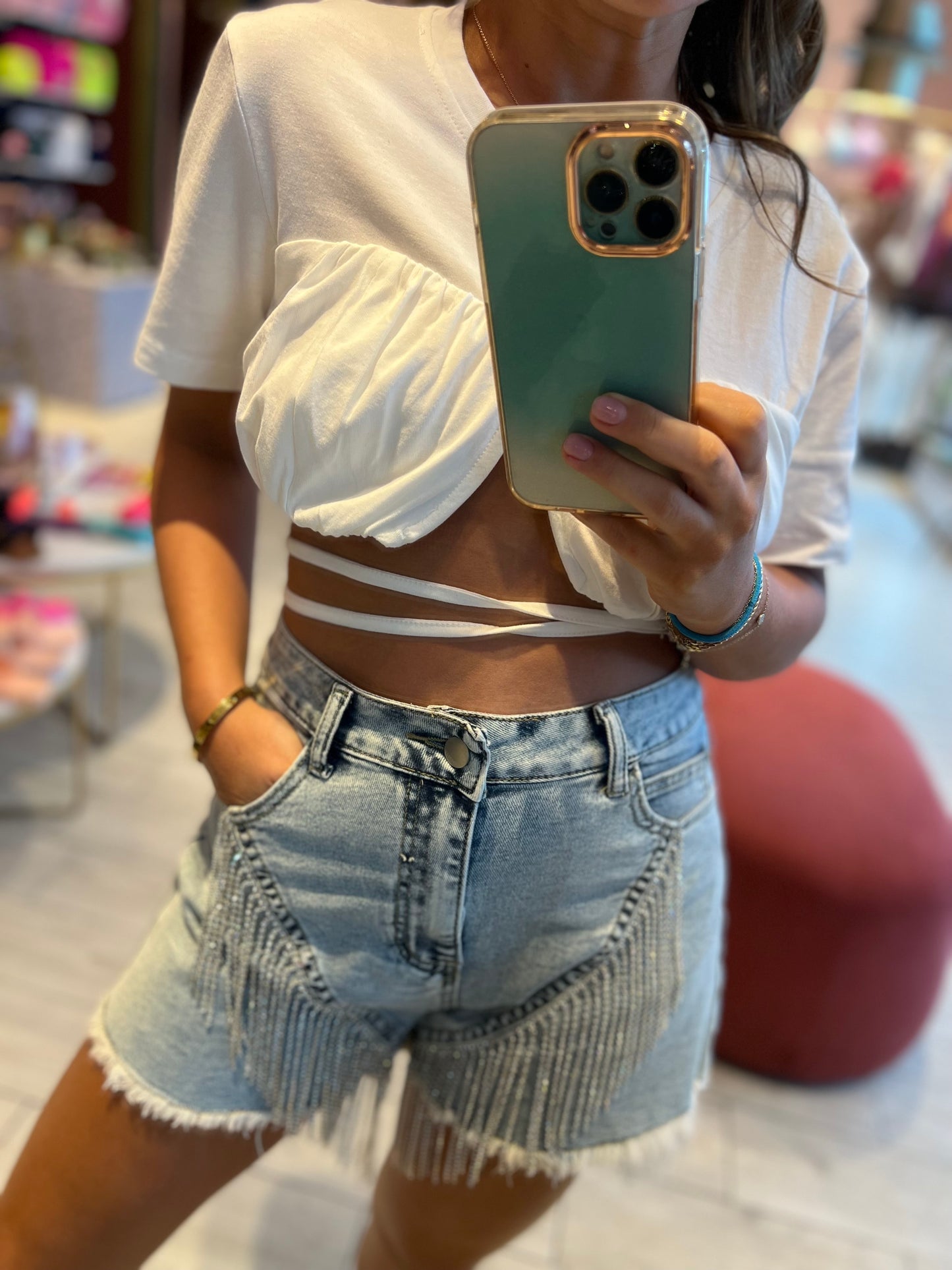 Denim fringed rhinetones shorts