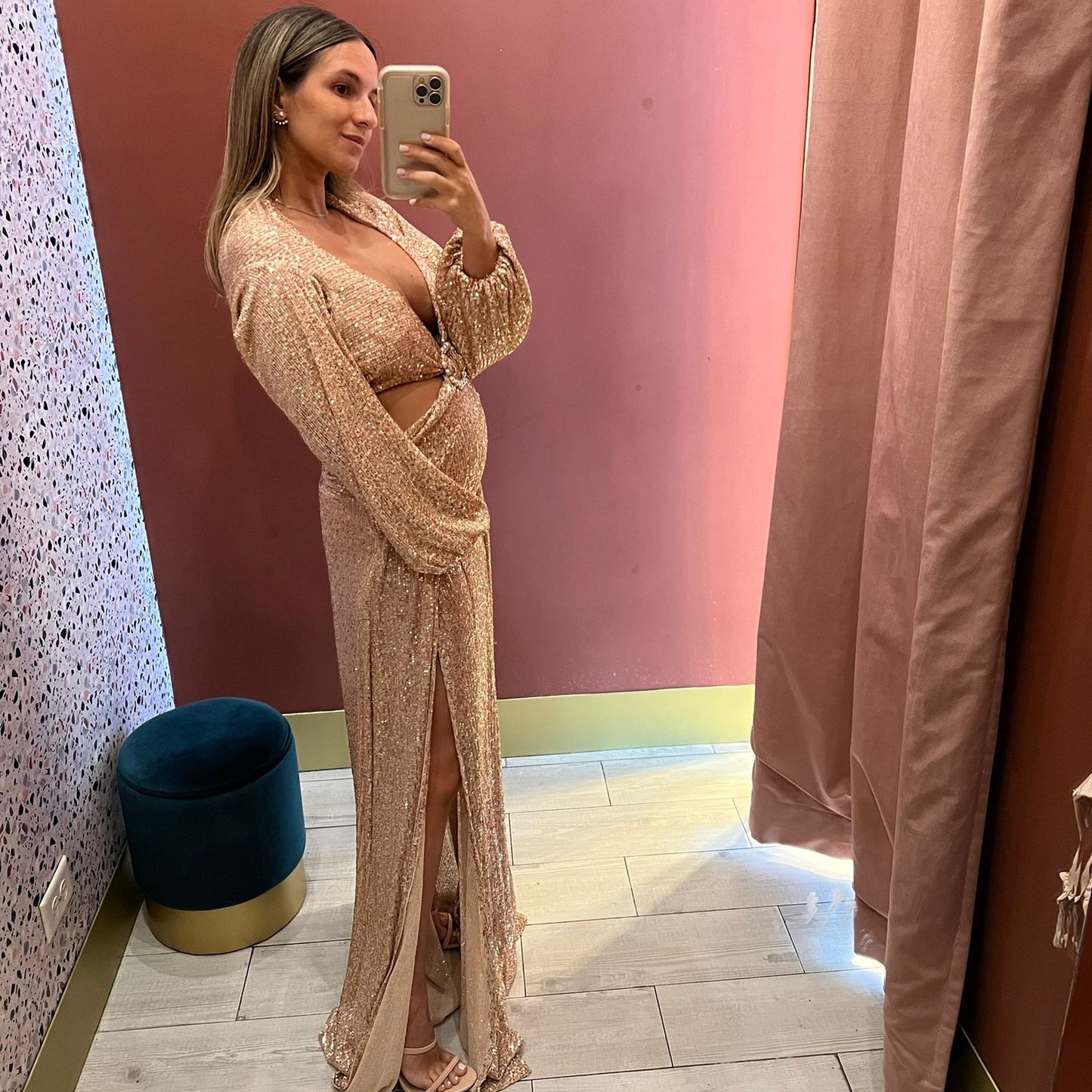 Gold rose sequins cut out puffy dress