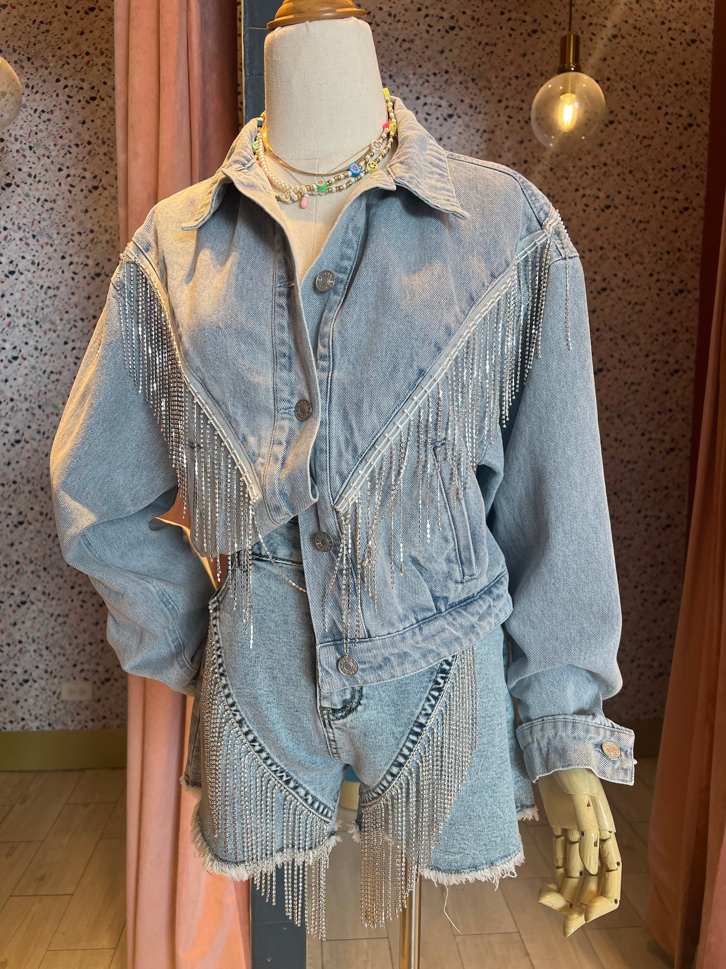 Denim fringed rhinetones shorts