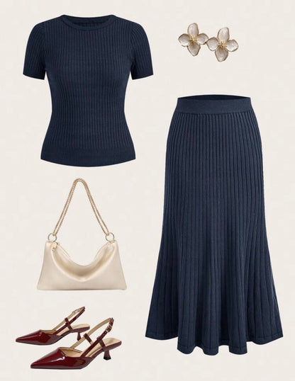 Navy ribbed skirt set 18 marzo