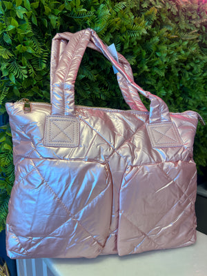 Pink metalic tote with pockets