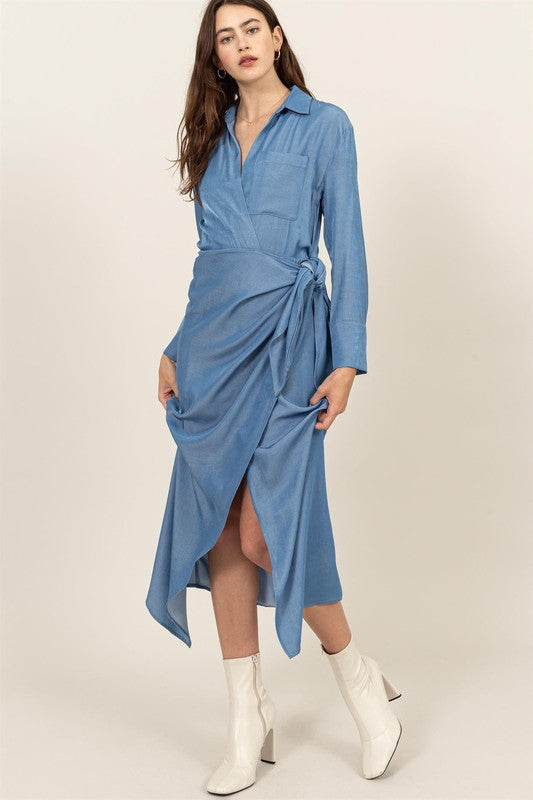 Denim wrap midi dress