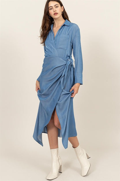 Denim wrap midi dress