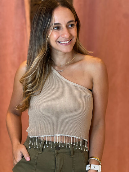 Nude one shoulder rhinestones top