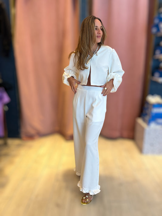 White ruffled pant set