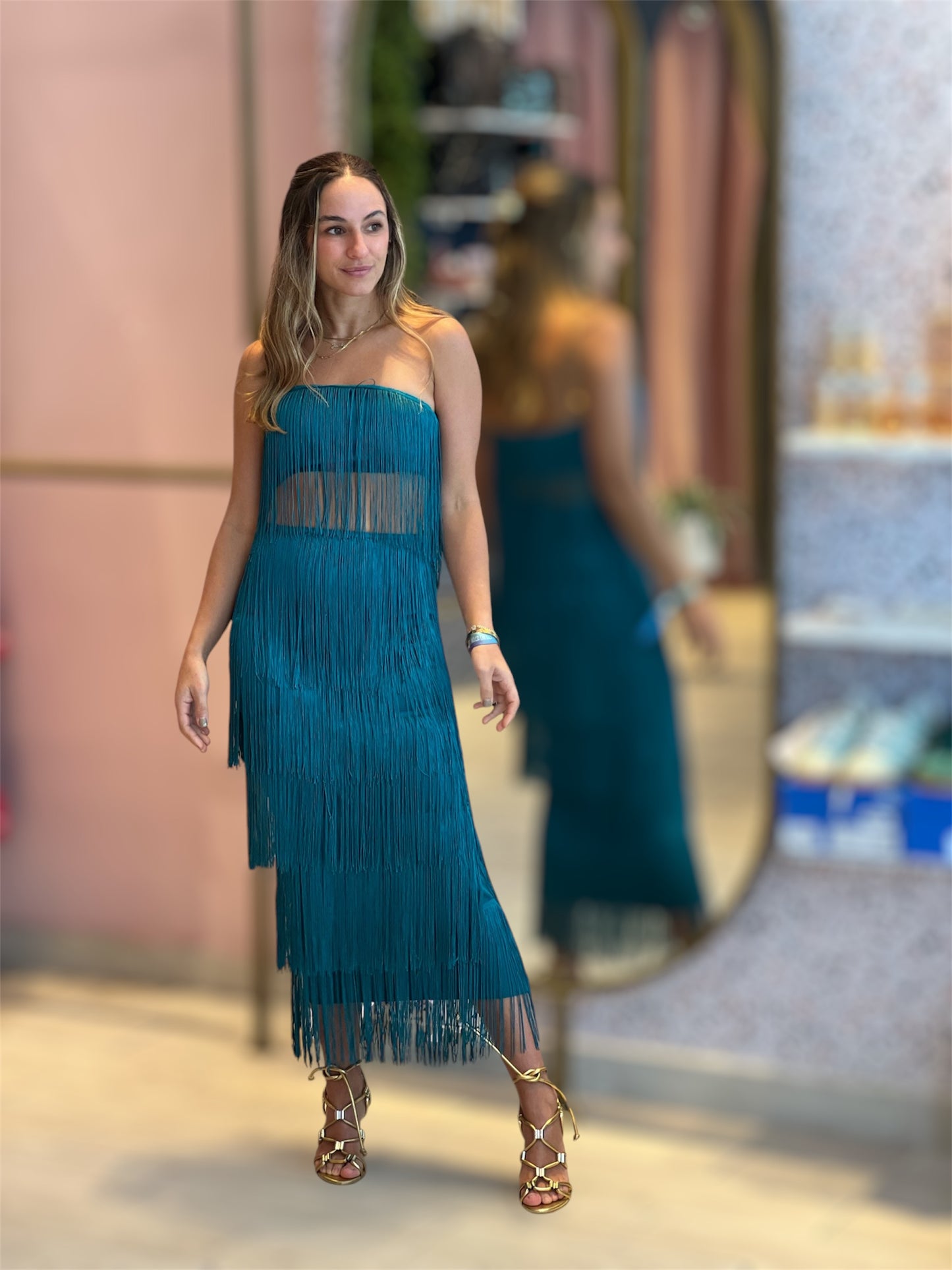 Aqua fringed skirt set