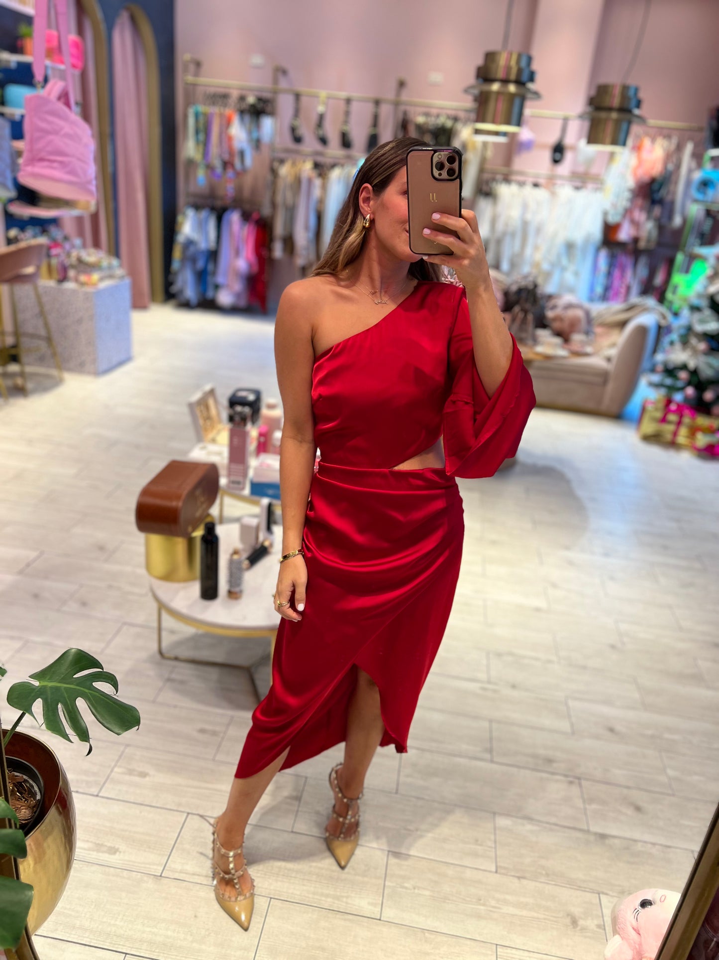 Red cut out one shoulder dress