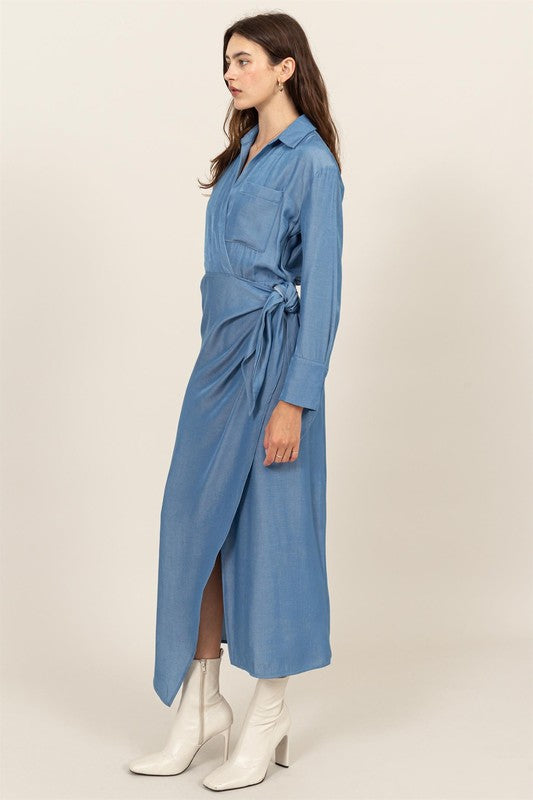 Denim wrap midi dress