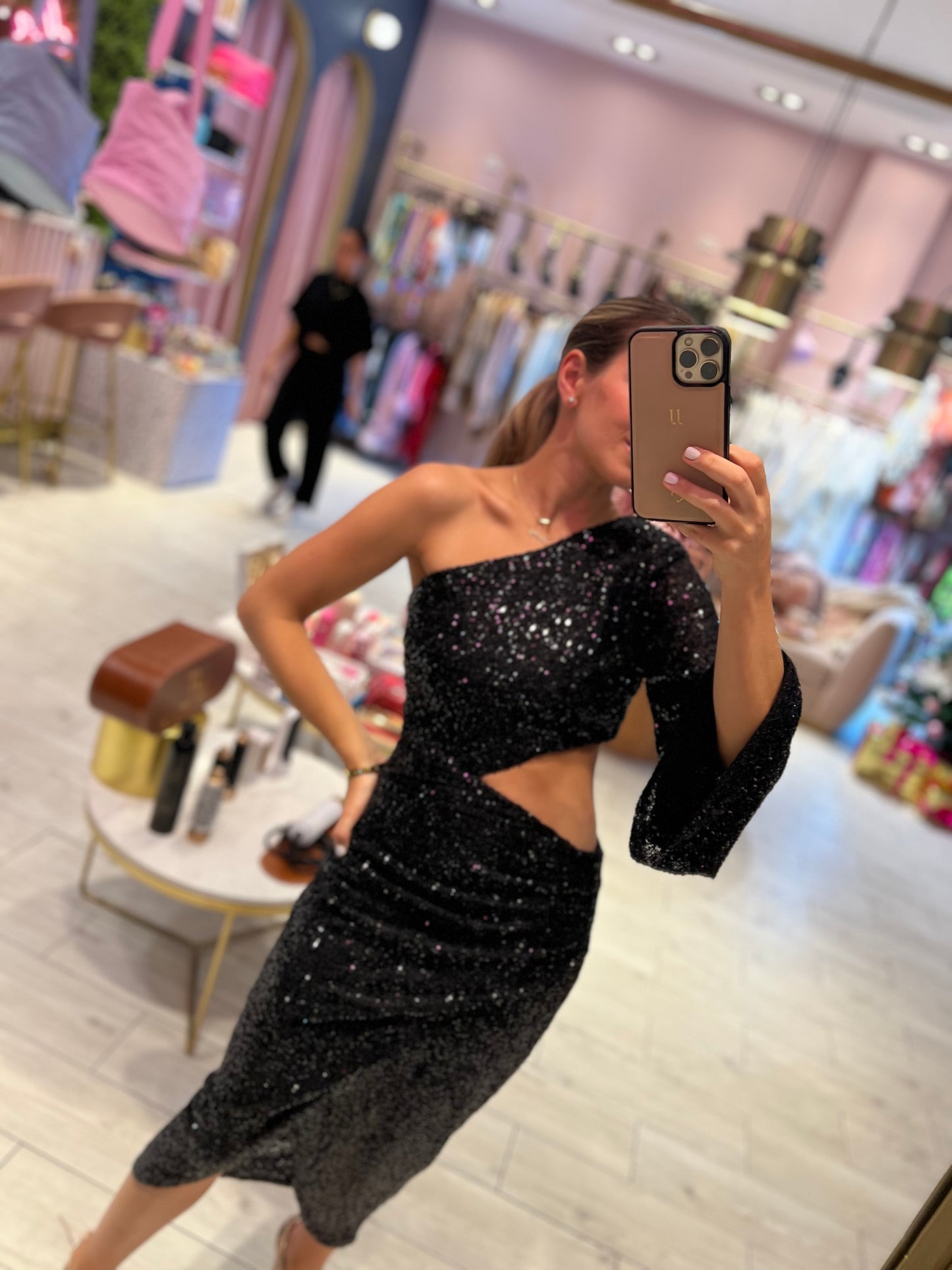 Black Sequins cut out one shoulder dress