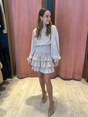 Nude smocked & ruffled dress