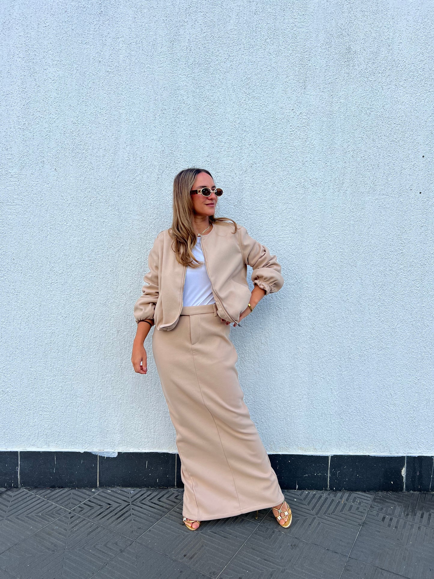 Nude Skirt & Bomber Jacket Set