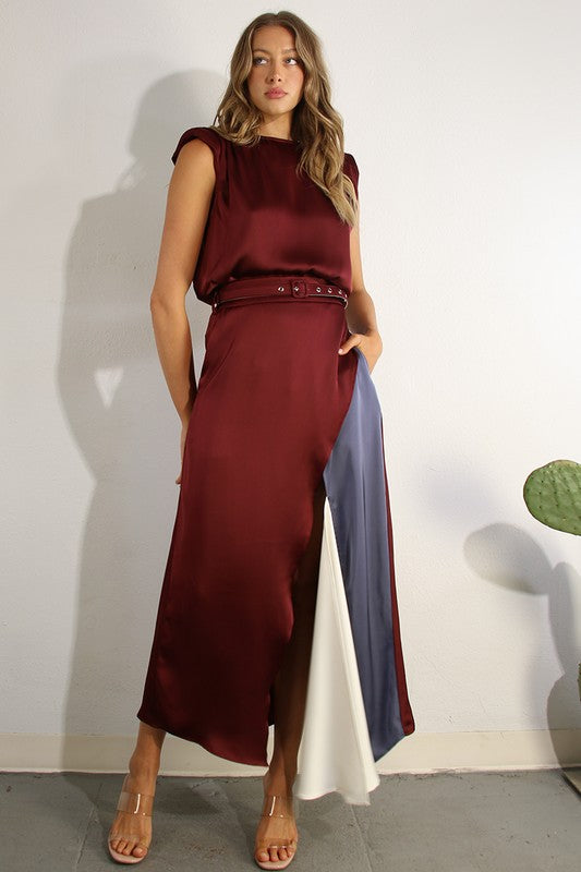 Wine color block padded skirt set