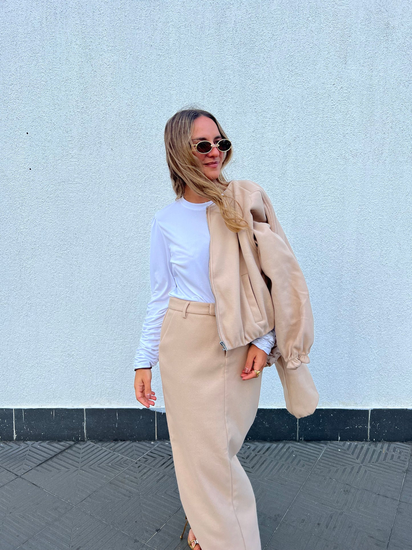 Nude Skirt & Bomber Jacket Set