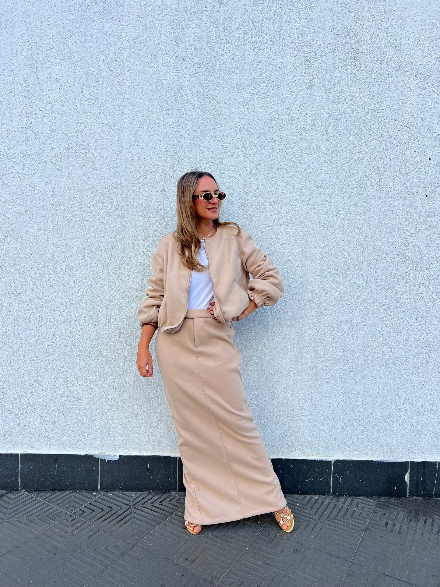 Nude Skirt & Bomber Jacket Set