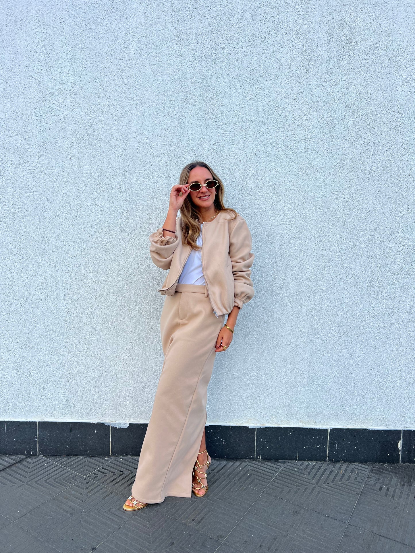 Nude Skirt & Bomber Jacket Set