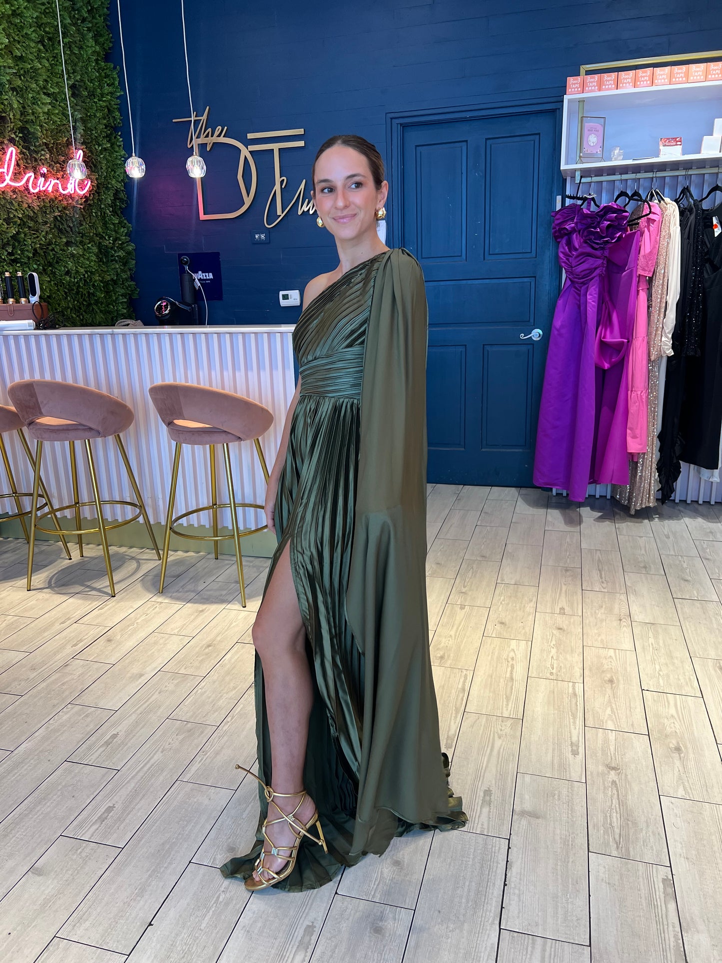 Queens olive one shoulder dress