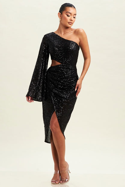 Black Sequins cut out one shoulder dress