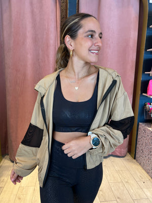 Nude with black mesh activewear hoddie